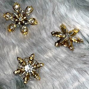 Set of 3 Snowflake Pins/Brooches Silver & Gold w/Crystals